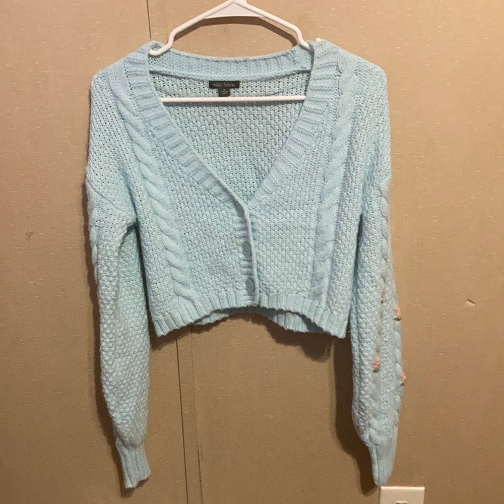 Blue/teal Cardigan sweater with flowers on arm sleeves